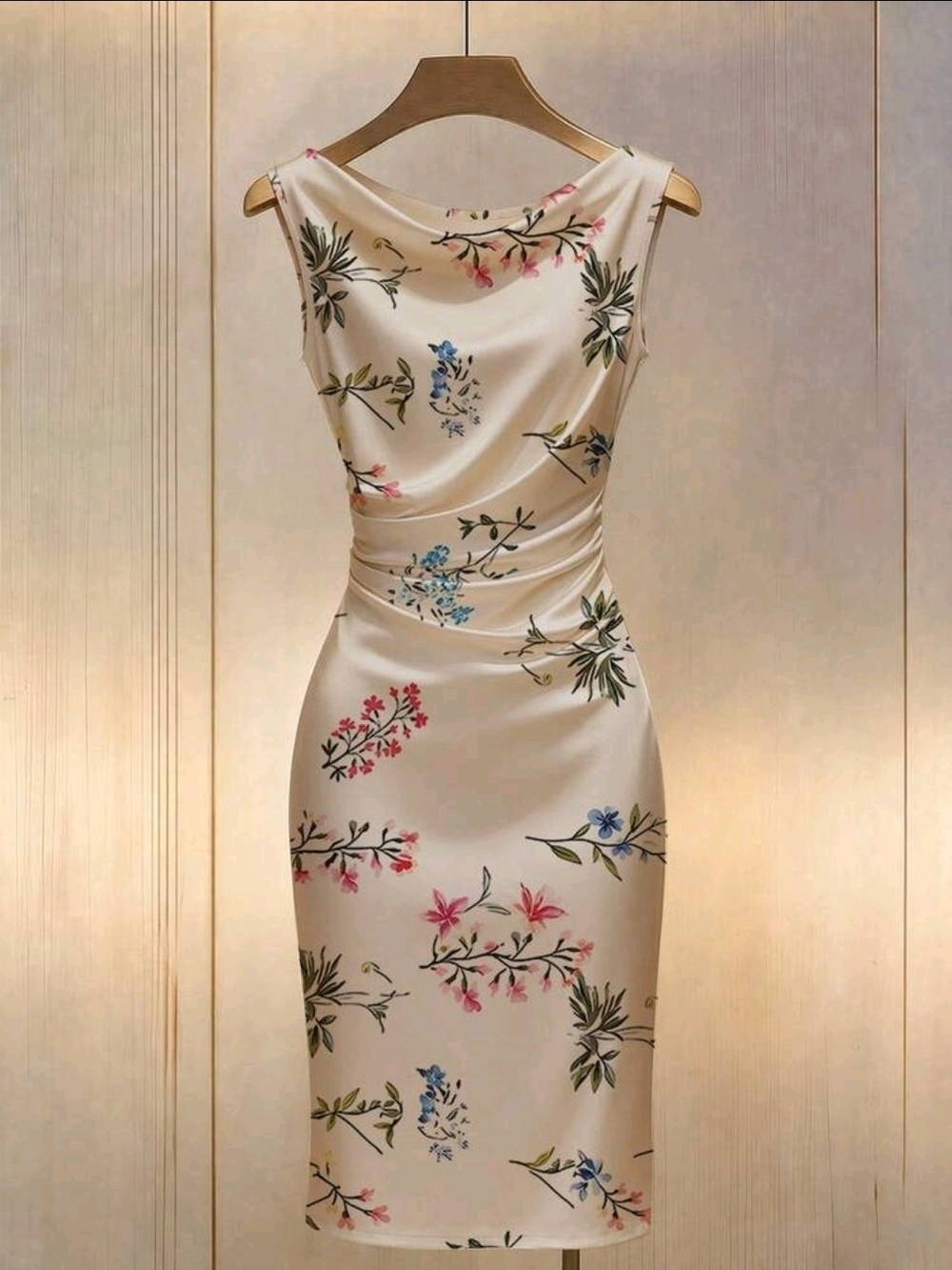 GlowEve Satin Sleeveless Figure-Hugging Mermaid  Pleated Waistline Floral Dress